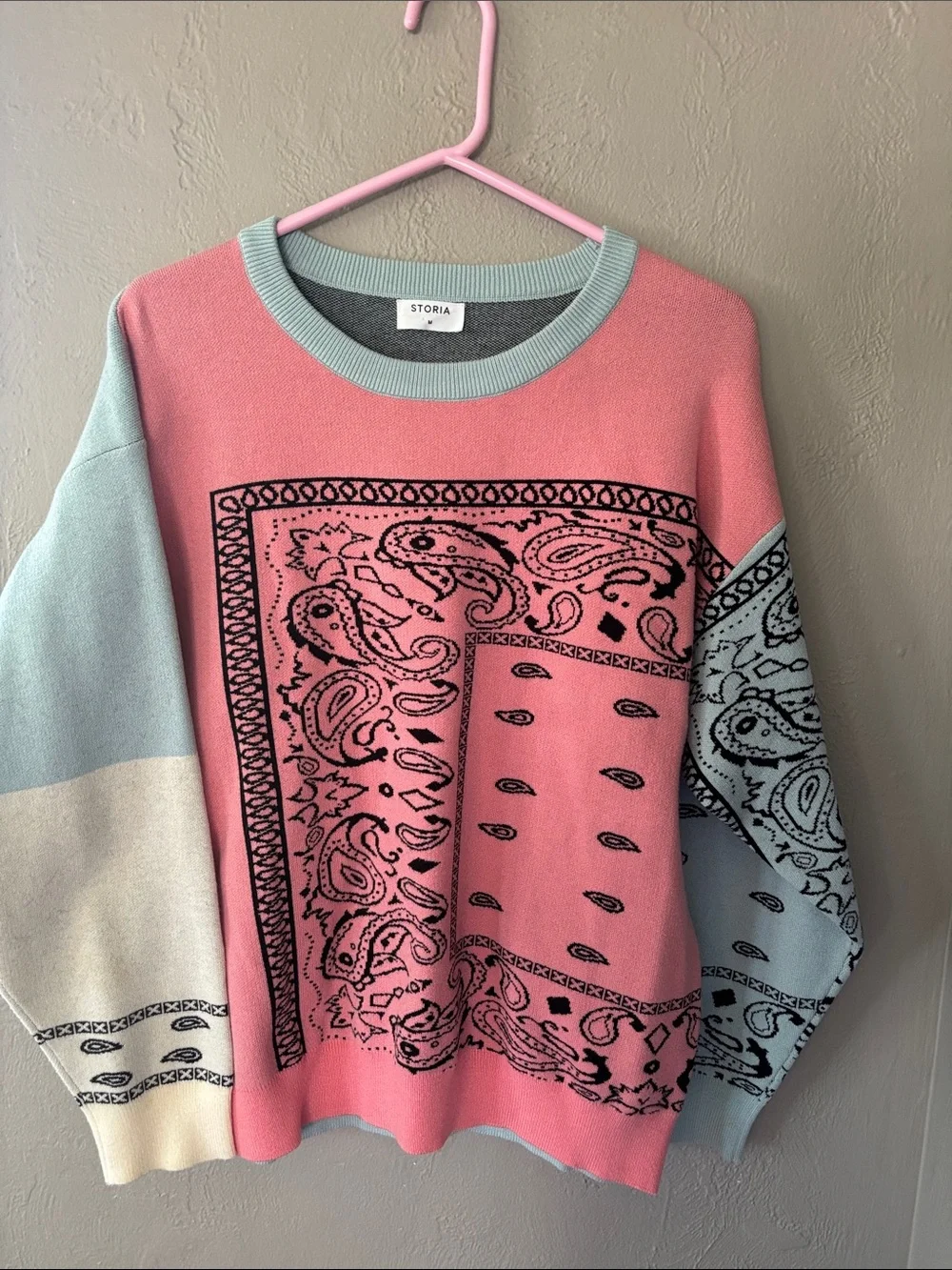 Storia Pink and Light Blue Bandana-Print Crewneck Sweater - Picture 1 of 3